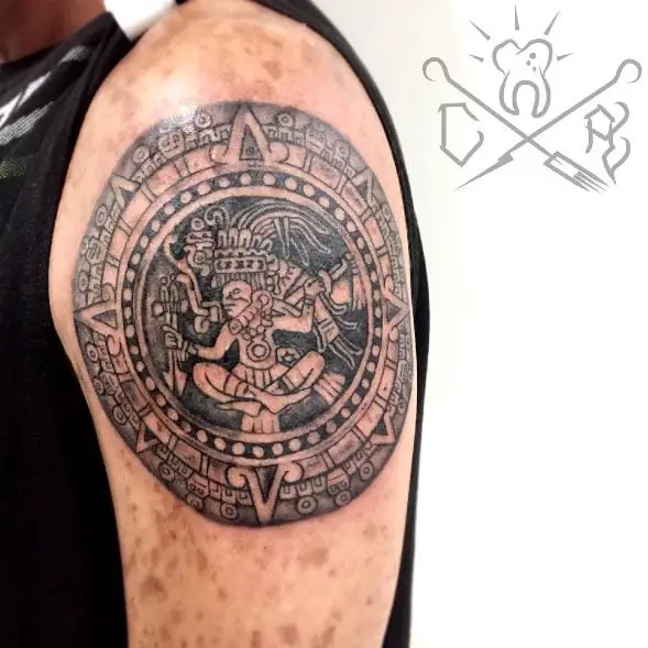 Grey Mayan God of Sun Shoulder Tattoo
