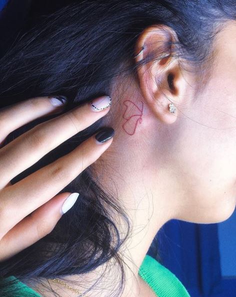 Red Line Butterfly behind Ear Tattoo