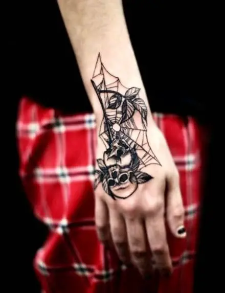Black and Grey Skull and Spider Web Wrist Tattoo