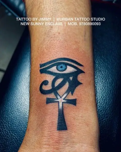 Ankh and Blue Eye of Horus Wrist Tattoo