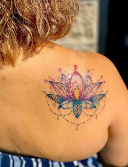 Colorful Lotus Flower Back Tattoo