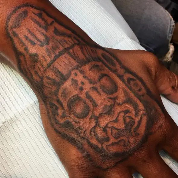 Grey Shaded Mayan God of Sun Hand Tattoo