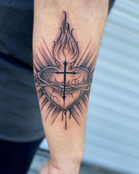 Black Cross on Sacred Heart Arm Tattoo