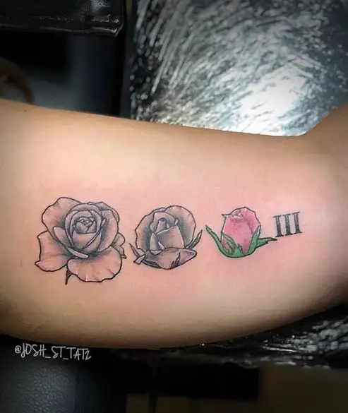 Rose Bud to Flower Cycle with Roman Numeral Tattoo