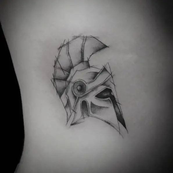 Sketchy Small Spartan Helmet Ribs Tattoo