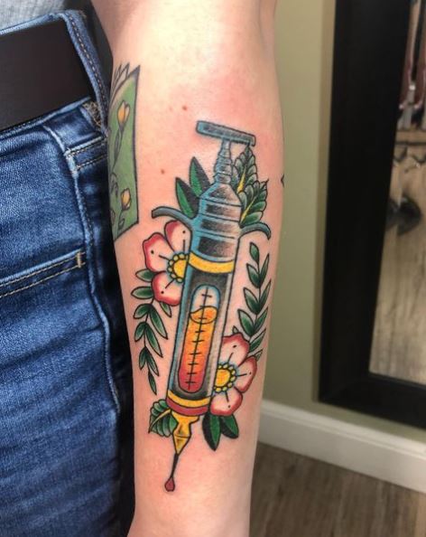 Colorful Syringe and Flowers Tattoo