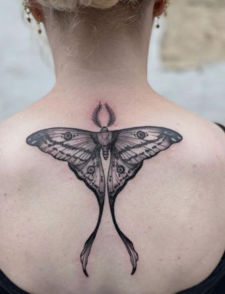 Big Black Moth Spine Tattoo