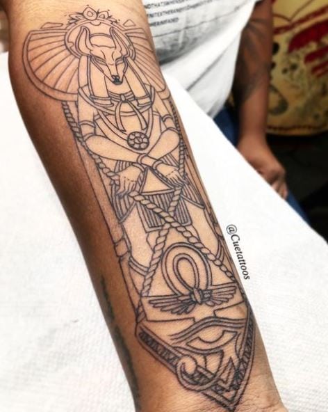 Linework Egyptian Symbols and Eye of Horus Tattoo