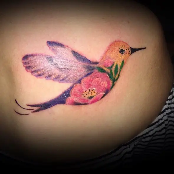 Colored Floral Hummingbird Tattoo