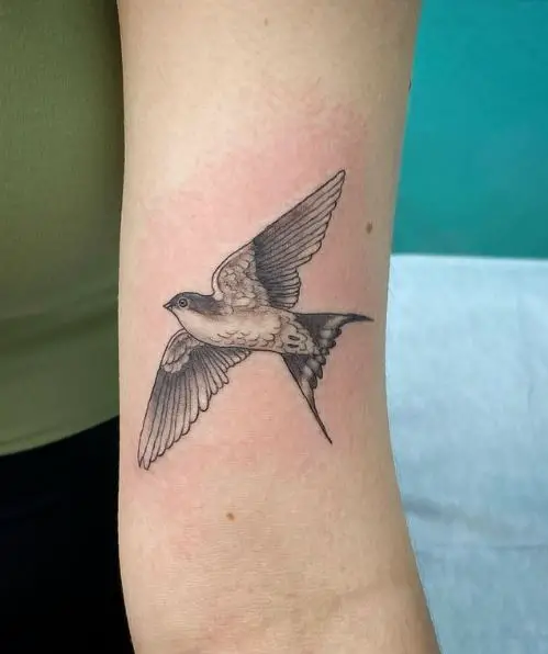 Black and White Flying Sparrow Arm Tattoo