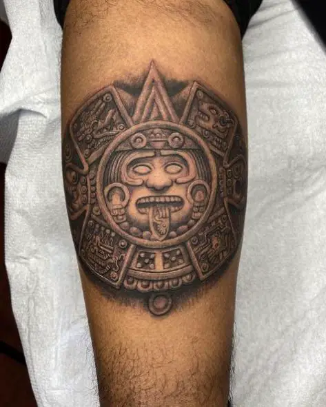 Grey Mayan Calendar Forearm Tattoo
