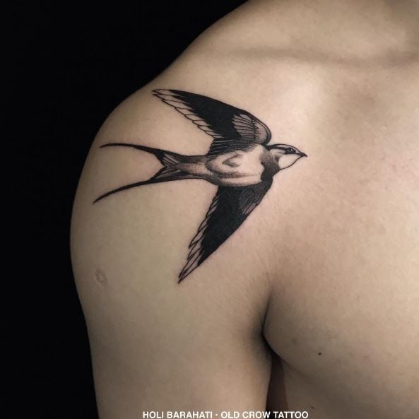 Black Realistic Swallow Shoulder Tattoo