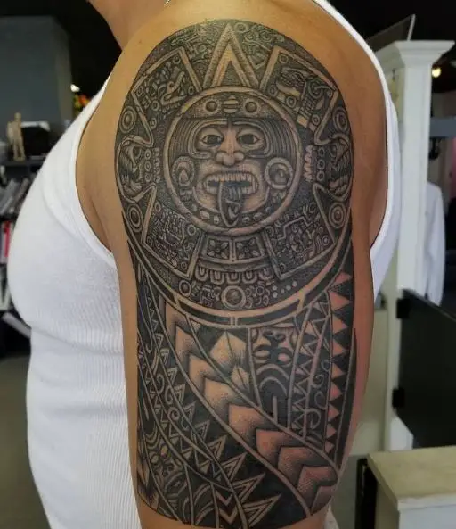 Big Mayan Calendar Upper Arm Tattoo