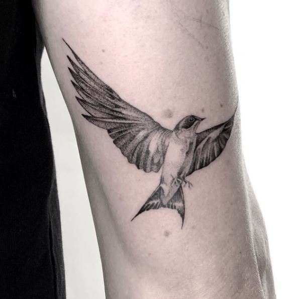 Dotwork Grey Swallow with Outstretched Claws Elbow Tattoo