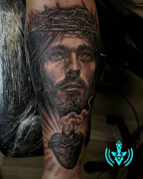 Grey Jesus Head above Sacred Heart Tattoo