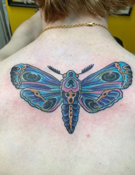 Colorful Big Moth Back Tattoo