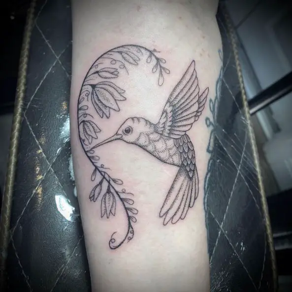 Grey Floral Hummingbird Tattoo