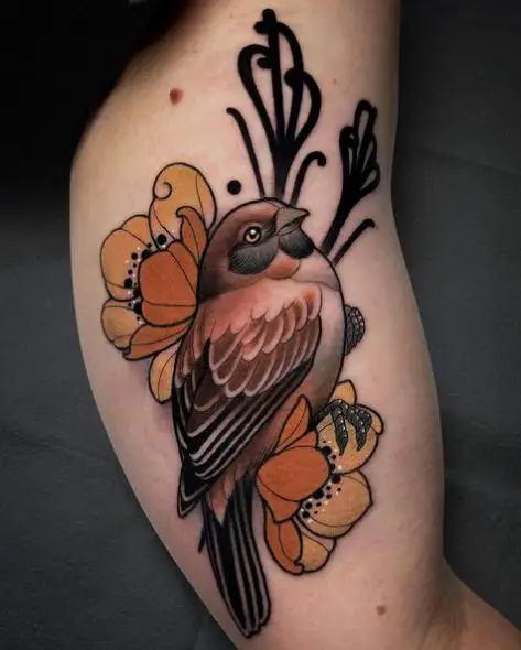 Colored Flowers and Sparrow Arm Tattoo