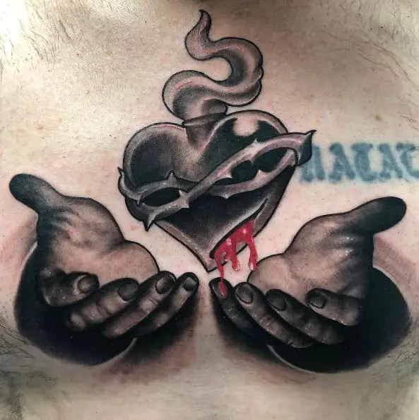 Holding Hands and Bleeding Sacred Heart Tattoo