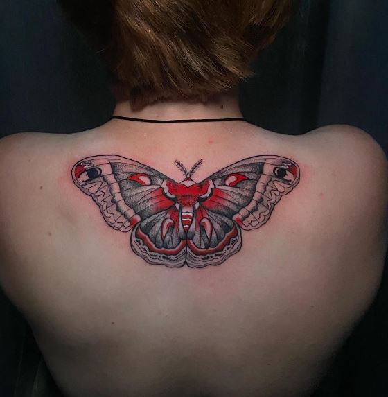 Black and Red Moth Back Tattoo