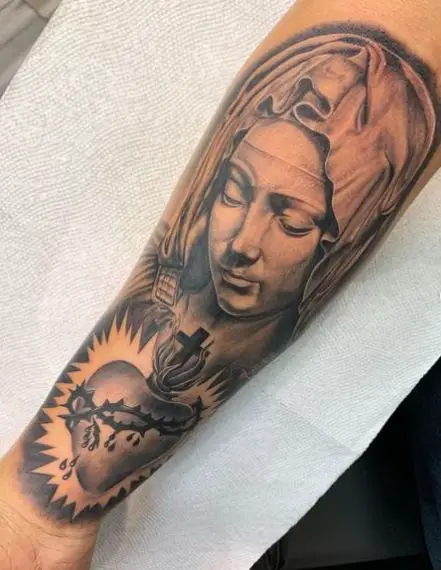 Virgin Mary and Sacred Heart Forearm Tattoo