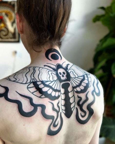 Black and White Skull Moth Back Tattoo