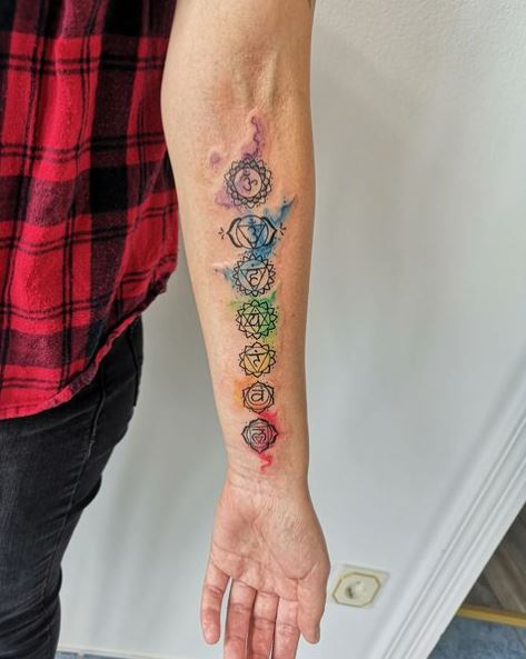 Colorful Chakra Symbols Forearm Tattoo