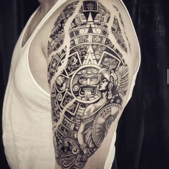 Black and Grey Mayan Calendar Upper Arm Tattoo