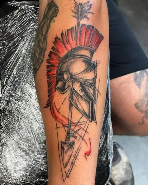 Arrow and Spartan Helmet Forearm Tattoo