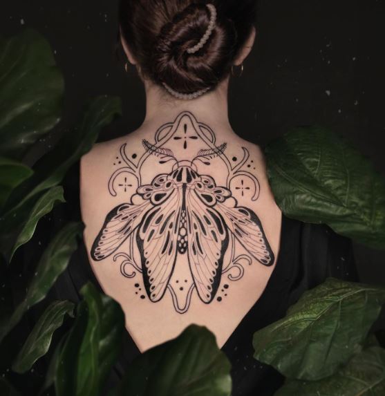 Big Black and White Moth Back Tattoo