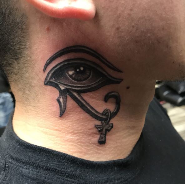 Ankh Hanging on Eye of Horus Neck Tattoo