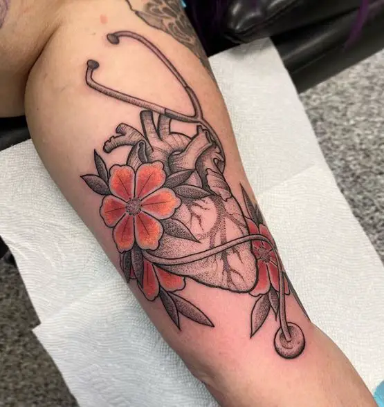 Grey Hearth Stethoscope and Orange Flowers Tattoo