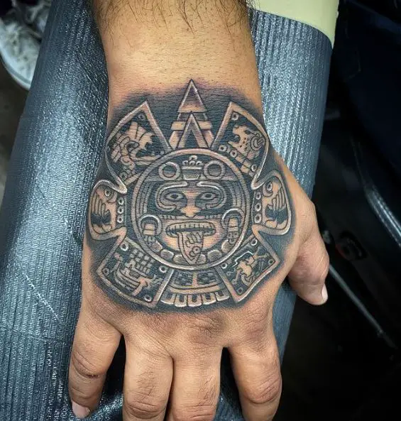 Grey Mayan Calendar Hand Tattoo
