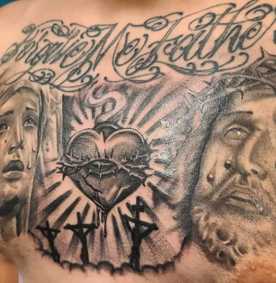 Sacred Heart and Crying Jesus and Virgin Mary Chest Tattoo