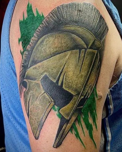 Green Spartan Helmet with Plume Arm Tattoo