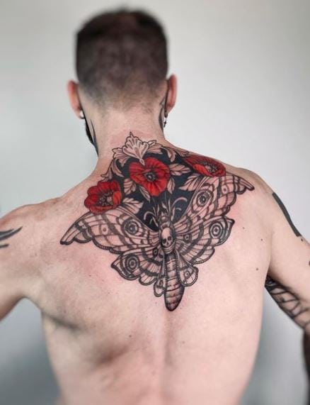 Red Flowers and Grey Skull Moth Back Tattoo