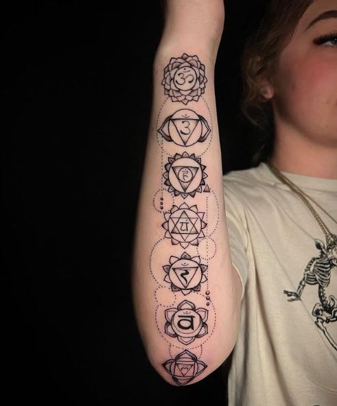 Black and Grey Chakra Symbols Forearm Tattoo