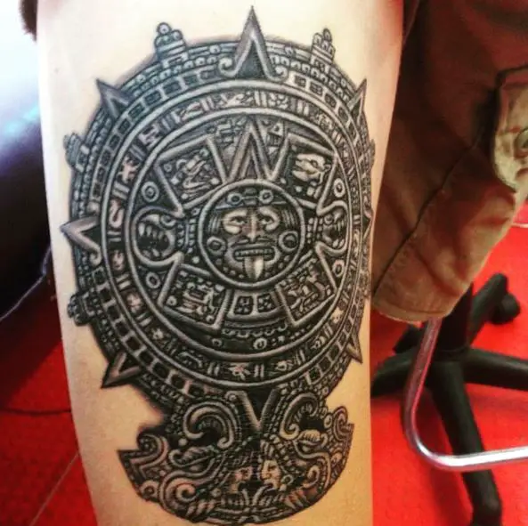 Black and Grey Mayan Calendar Leg Tattoo