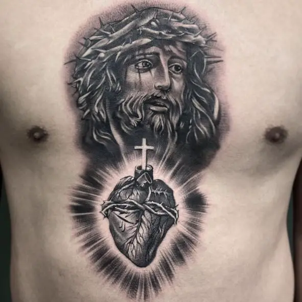 Jesus Head over Sacred Heart Chest Tattoo