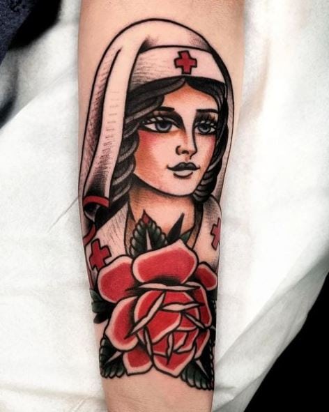 Blue Eyed Nurse with Rose Tattoo