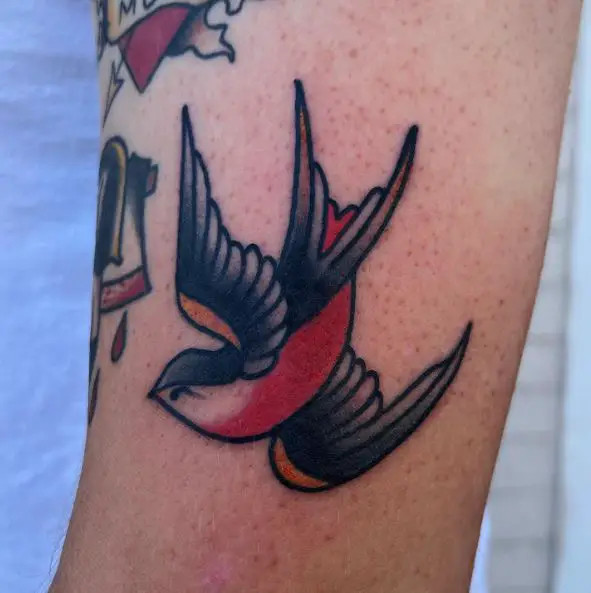 Red and Black Flying Sparrow Tattoo