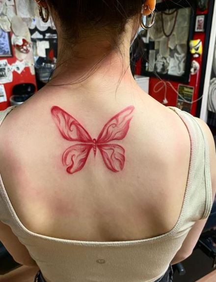 Big Abstract Red Butterfly Back Tattoo