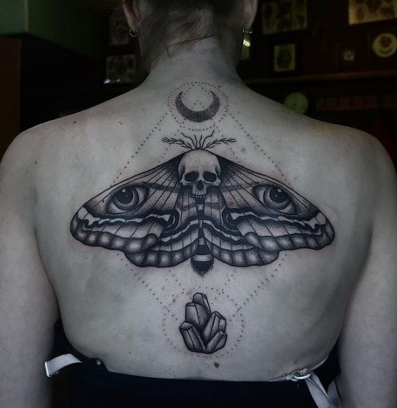 Eyed Wings on Skull Moth Back Tattoo