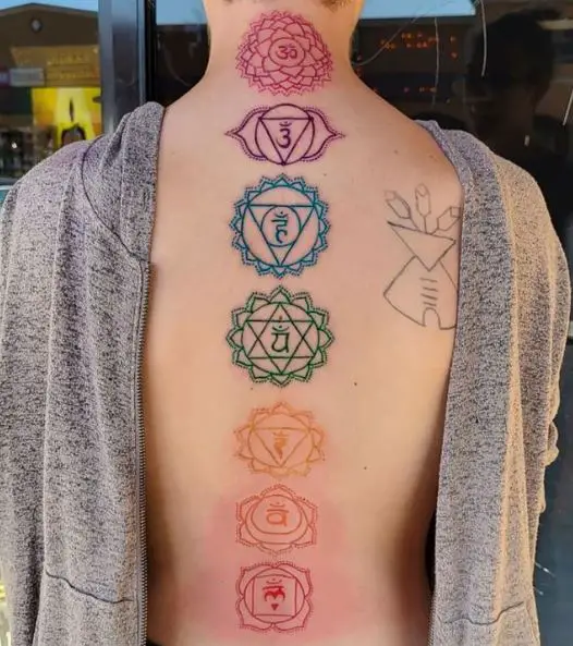 Colorful Chakra Symbols Spine Tattoo