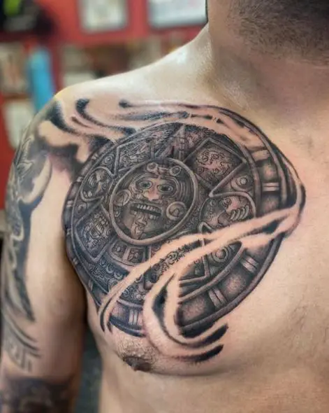 Black and Grey Mayan Calendar Chest Tattoo