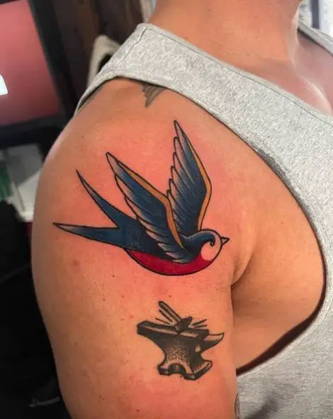 Colored Sparrow Shoulder Tattoo