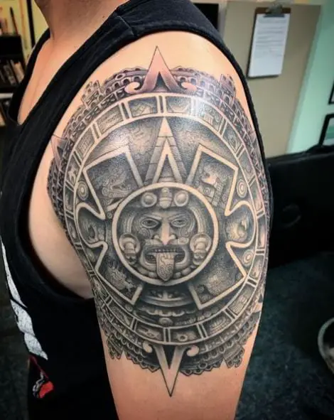 Big Grey Mayan Calendar Shoulder Tattoo