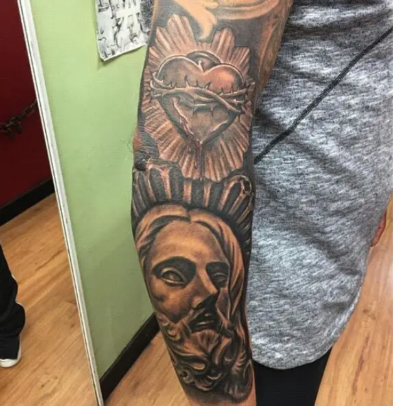 Jesus and Sacred Heart Arm Sleeve Tattoo