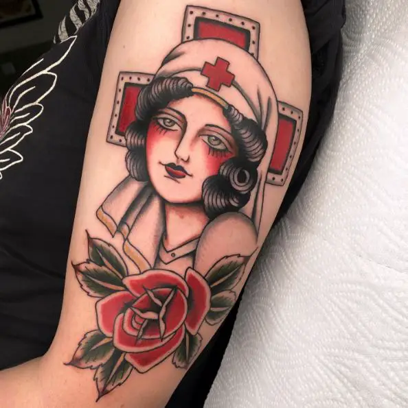Green Eyed Nurse with Rose Tattoo