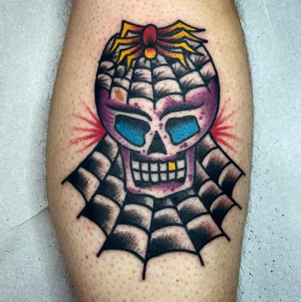 Colorful Skull and Spider Web Tattoo
